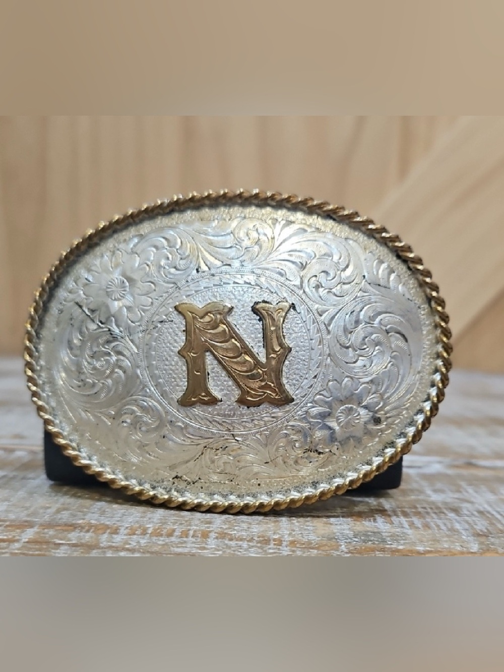 Vintage | Montana Silversmiths "N" Initial Silver And Gold Tone Belt Buckle